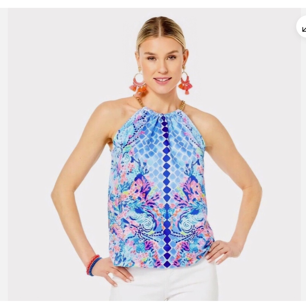 LILLY PULITZER Isa Halter Top Multi Hidden Treasure Engineered Woven Top Size S